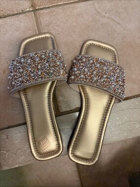 Embellished Gold Slide Sandals for Women